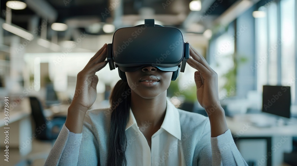 A young professional using a VR headset in an office, immersed in a virtual meeting with colleagues A young professional using a VR headset in an office, immersed in a virtual meeting with colleagues
