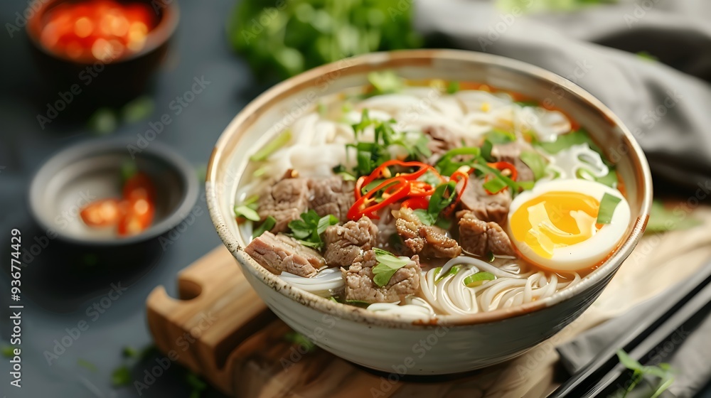 Bowl of flavorful noodle soup with beef, egg, chili peppers, and fresh herbs. Perfect for restaurant menus or food blogs. Bowl of flavorful noodle soup with beef, egg, chili peppers, and fresh herbs. Perfect for restaurant menus or food blogs.