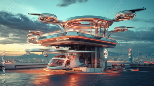 A futuristic air taxi station with drones ready for passenger transport, representing airborne mobility photo