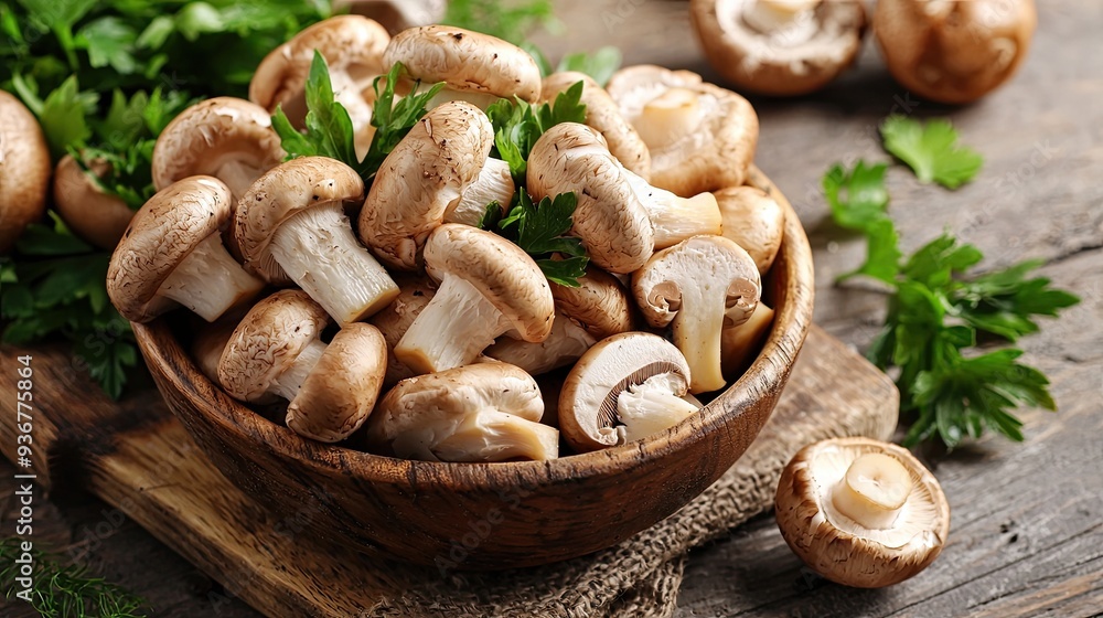 Freshly Harvested Boletus Mushrooms in Rustic Bowl Surrounded by Herbs and Greenery on Wooden Table Freshly Harvested Boletus Mushrooms in Rustic Bowl Surrounded by Herbs and Greenery on Wooden Table