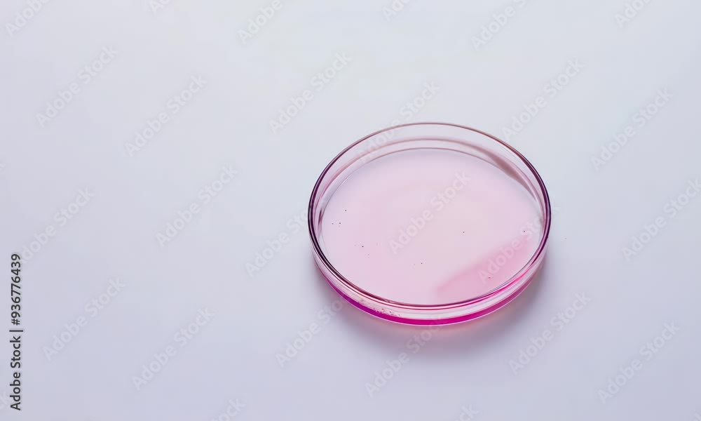 Petri dish with pink liquid on a white surface Petri dish with pink liquid on a white surface