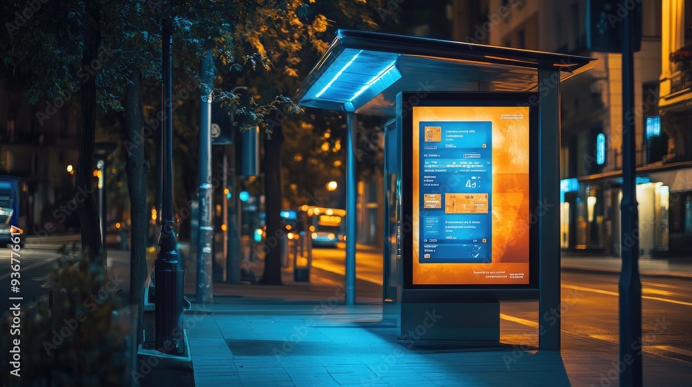 A modern bus stop with digital timetables and electronic ticketing in a smart city A modern bus stop with digital timetables and electronic ticketing in a smart city