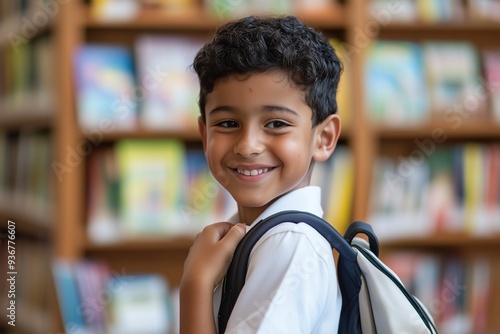 A young boy with dark hair and brown skin, wearing a white shirt, is standing in front of the school library, smiling while holding his backpack on one shoulder.