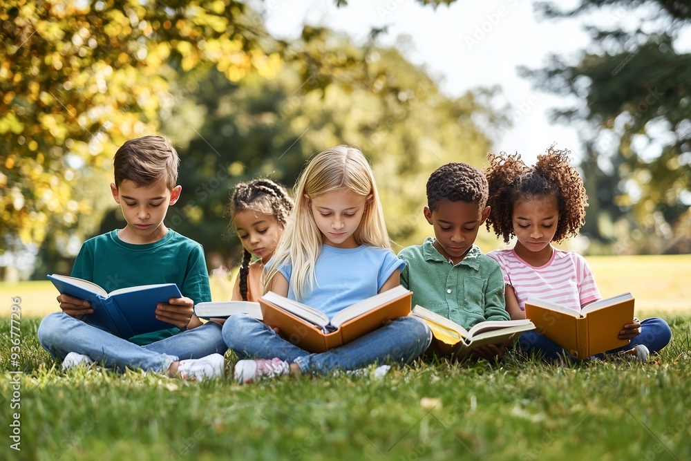 kids of different races sitting on the grass reading books, one girl in blue shirt and jeans with blonde hair holding book up to her face kids of different races sitting on the grass reading books, one girl in blue shirt and jeans with blonde hair holding book up to her face