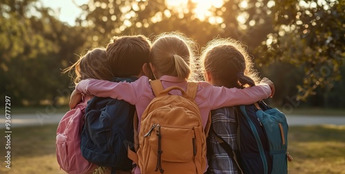 Three students hugging each other, wearing school uniforms and backpacks on their backs. The photo is taken from behind the three children to capture them in an embrace as they stand side by side photo