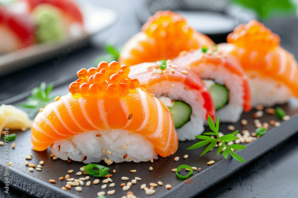 Sushi Platter with Salmon and Roe. Colorful Sushi Rolls with Fresh Ingredients and Beautiful Presentation. Gourmet Japanese Cuisine for Food Lovers Sushi Platter with Salmon and Roe. Colorful Sushi Rolls with Fresh Ingredients and Beautiful Presentation. Gourmet Japanese Cuisine for Food Lovers