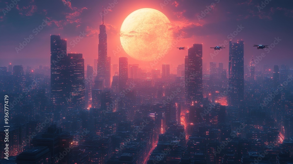 Fototapeta premium Futuristic Cityscape at Sunset - Generative AI