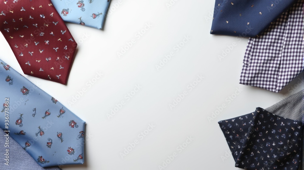 Elegant Assortment of Men's Ties with Patterns and Colors on Plain White Background, Perfect for Fashion and Business Content Elegant Assortment of Men's Ties with Patterns and Colors on Plain White Background, Perfect for Fashion and Business Content