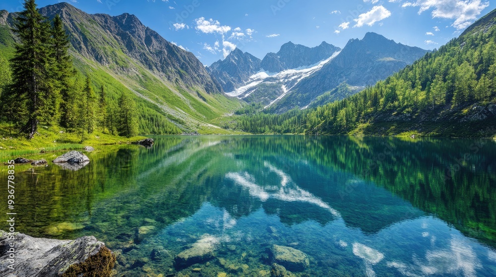 Beautiful mountain landscape with a large, glassy lake in the foreground, crisp and clear Beautiful mountain landscape with a large, glassy lake in the foreground, crisp and clear