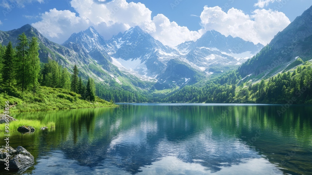Beautiful mountain landscape with a large, glassy lake in the foreground, crisp and clear Beautiful mountain landscape with a large, glassy lake in the foreground, crisp and clear