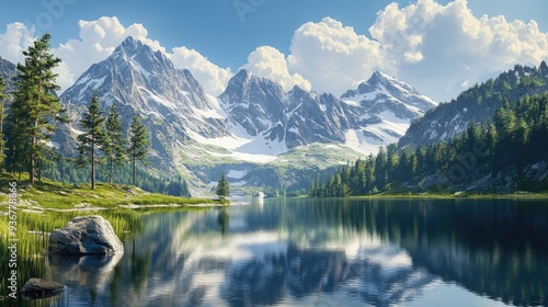 Beautiful mountain landscape with a large, glassy lake in the foreground, crisp and clear