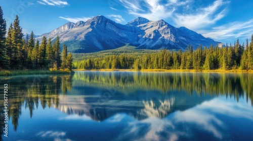 Beautiful mountain with a large, peaceful lake in front, clear reflection on water