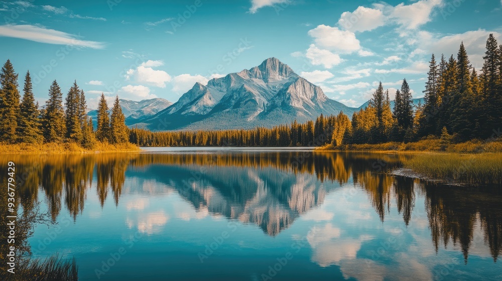 Beautiful mountain with a wide, serene lake in front, clear reflection of peaks Beautiful mountain with a wide, serene lake in front, clear reflection of peaks