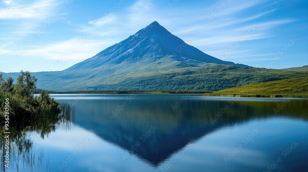 Majestic mountain towering over a large, still lake, peaceful reflection on water Majestic mountain towering over a large, still lake, peaceful reflection on water
