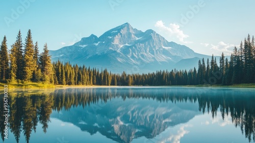 Majestic mountain towering over a large, still lake, peaceful reflection on water