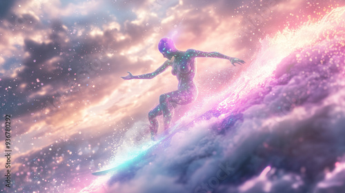 Wallpaper Mural Sci-fi scene with an alien riding a skateboard. Driving in the cosmos, colorful clouds
 Torontodigital.ca