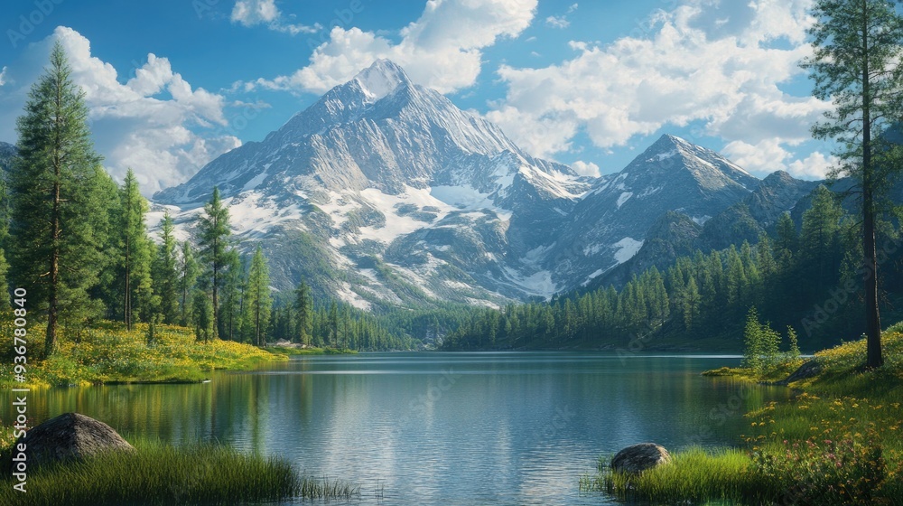 Majestic mountain with a serene, expansive lake in the foreground, nature at its best Majestic mountain with a serene, expansive lake in the foreground, nature at its best