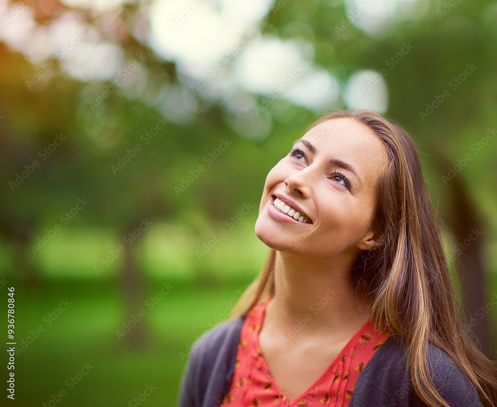 Smile, woman and thinking in nature for relax, holiday and vacation with positive mindset. Idea or inspiration, college student and happy in park or garden for break, outdoor and adventure for summer Smile, woman and thinking in nature for relax, holiday and vacation with positive mindset. Idea or inspiration, college student and happy in park or garden for break, outdoor and adventure for summer