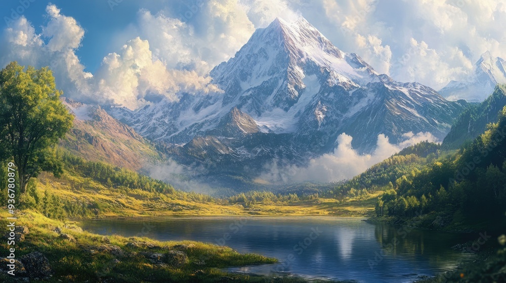 Fototapeta premium Majestic mountain with a serene, expansive lake in the foreground, nature at its best