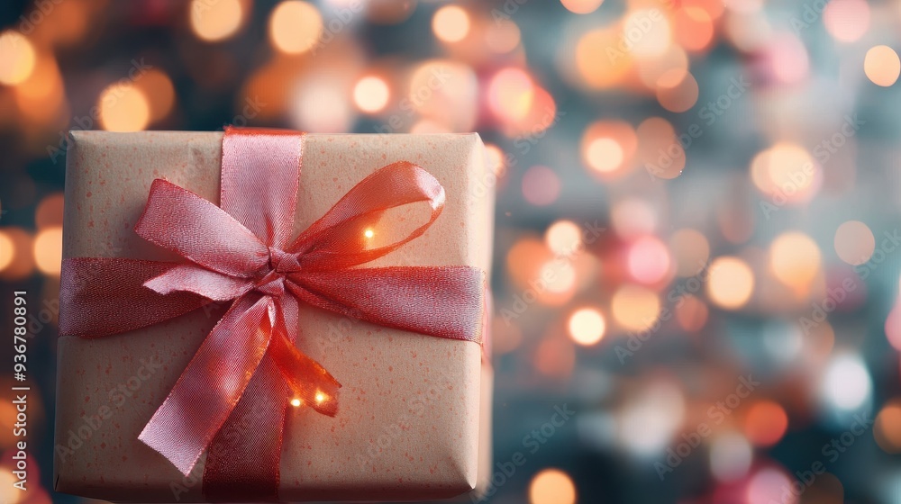 A lovely gift wrapped in simple paper and adorned with a pink ribbon is placed against a background of warm, twinkling lights A lovely gift wrapped in simple paper and adorned with a pink ribbon is placed against a background of warm, twinkling lights