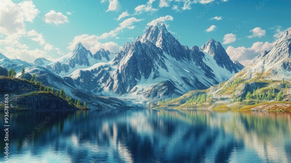 Mountain range with a large body of water at its base, reflecting peaks, serene landscape Mountain range with a large body of water at its base, reflecting peaks, serene landscape