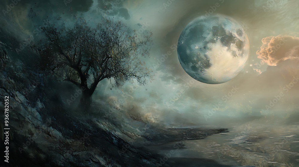 Fototapeta premium Mystical Landscape with a Giant Moon