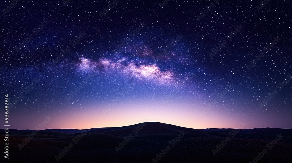 Stunning Night Sky with Milky Way Over Rolling Hills at Twilight Stunning Night Sky with Milky Way Over Rolling Hills at Twilight