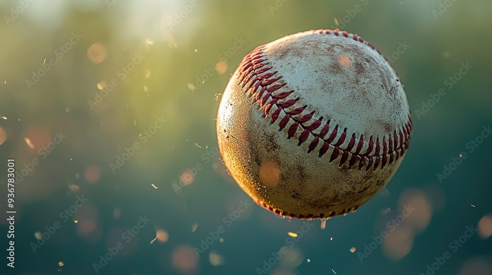 Close-Up of a Weathered Baseball in Mid-Air with Sunlight and Dust Particles in the Background Close-Up of a Weathered Baseball in Mid-Air with Sunlight and Dust Particles in the Background