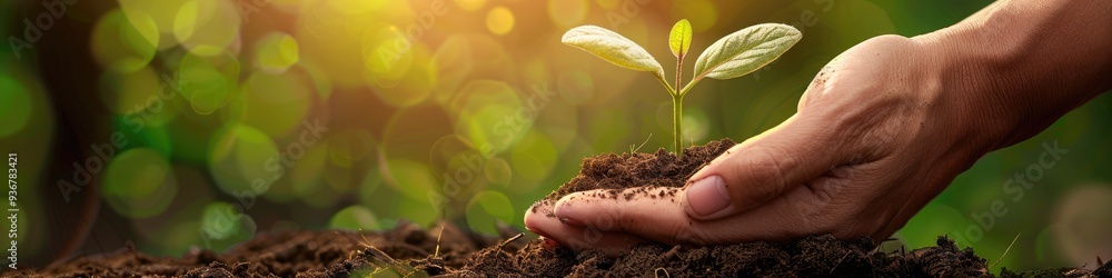 Hands Cradling a Young Plant in Soil, Representing Growth and Care for the Environment