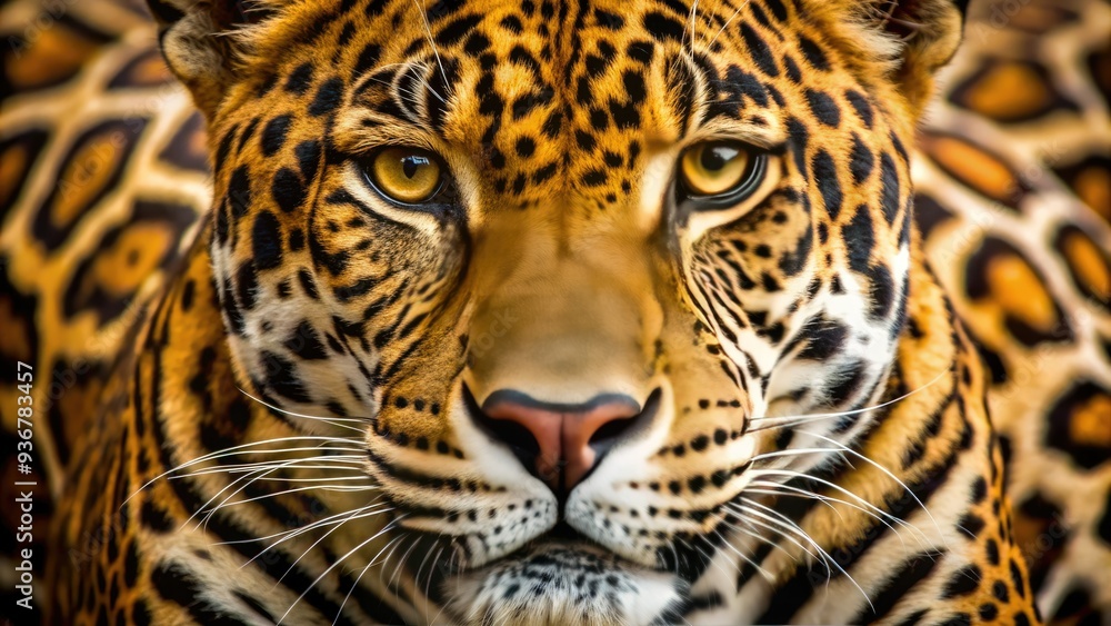 Obraz premium Vibrant, close-up image of a jaguar's fur pattern featuring intricate, dark rosettes on a golden coat, showcasing the animal's exotic, majestic beauty in stunning detail.
