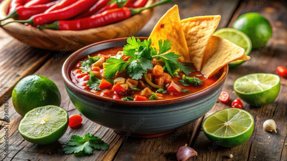Vibrant close-up of a juicy lime wedge garnishing a steaming bowl of spicy chili, garnished with fresh cilantro and crispy tortilla strips. Vibrant close-up of a juicy lime wedge garnishing a steaming bowl of spicy chili, garnished with fresh cilantro and crispy tortilla strips.