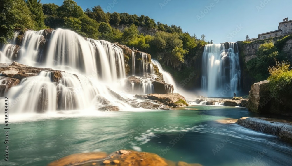 Fototapeta premium Beautiful Krka Waterfalls in Krka National Park,Croatia.Long exposure for flowing water, ai