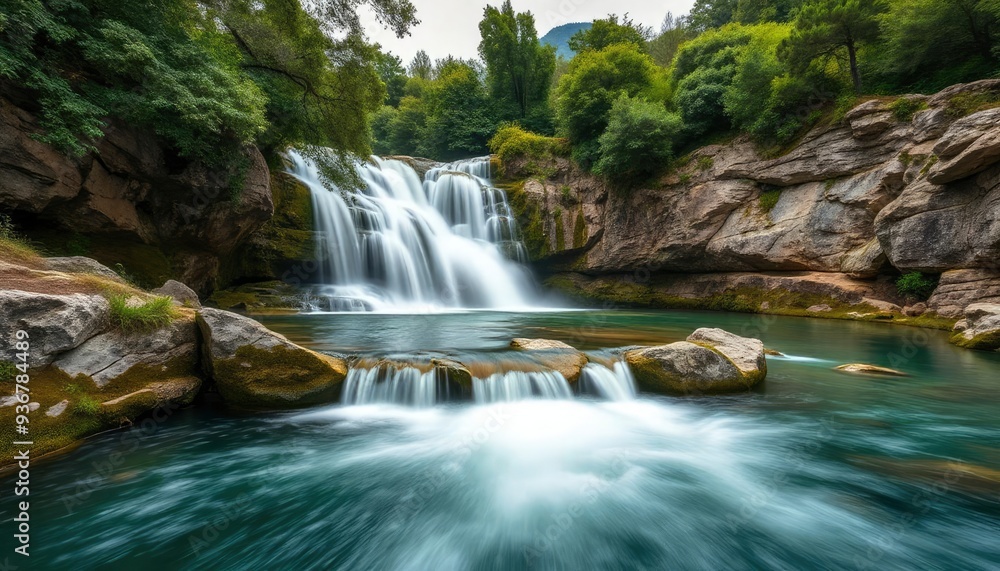 Fototapeta premium Beautiful Krka Waterfalls in Krka National Park,Croatia.Long exposure for flowing water, ai