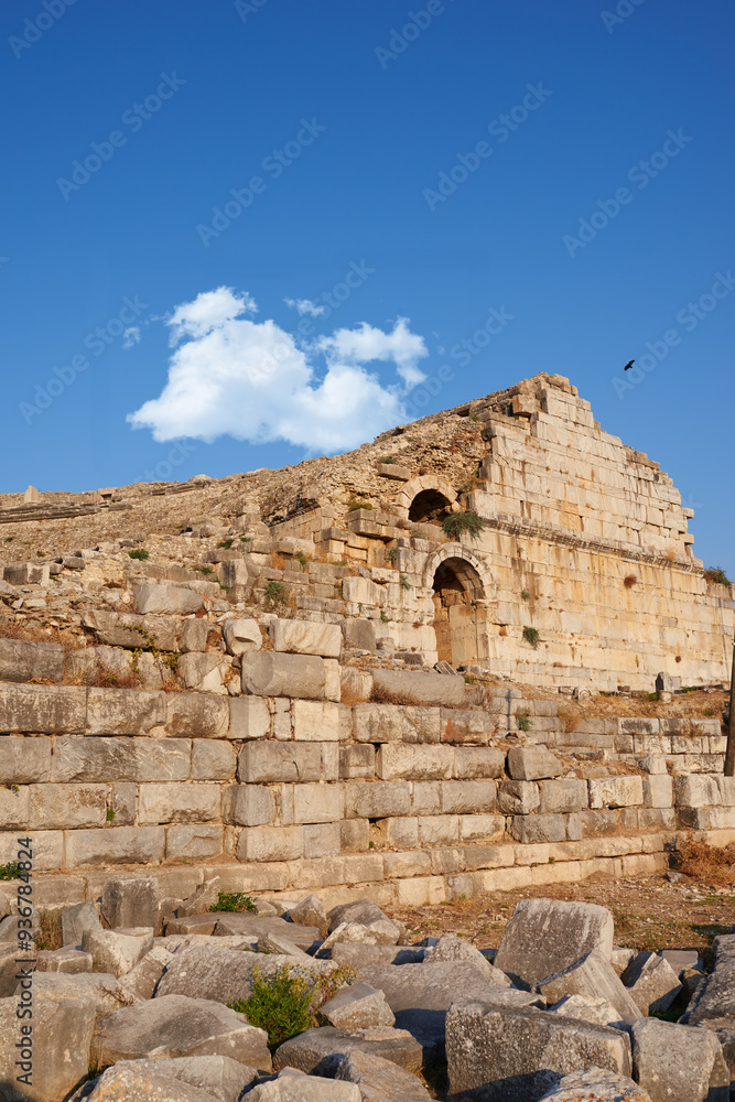 Fototapeta premium Ruins, buildings and outdoor for architecture town, history and public destination for tourism, Location, ancient exterior and culture exploration or sightseeing, travel and structure in Turkey