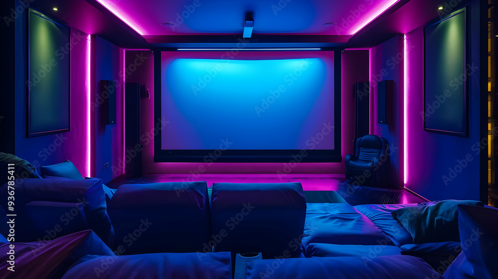 Modern Home Theater with Blue and Pink LED Lighting - Interior Design Photo Modern Home Theater with Blue and Pink LED Lighting - Interior Design Photo