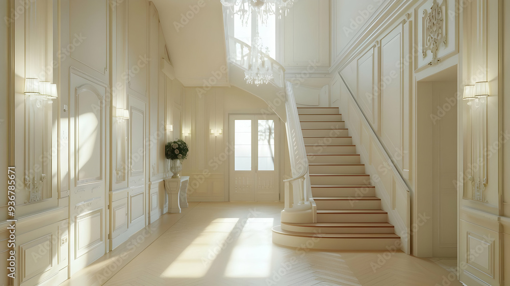 Elegant White Staircase in a Grand Hallway - 3D Illustration Elegant White Staircase in a Grand Hallway - 3D Illustration
