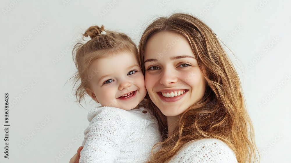 Happy pregnant woman and her child, both smiling, isolated on white background Happy pregnant woman and her child, both smiling, isolated on white background