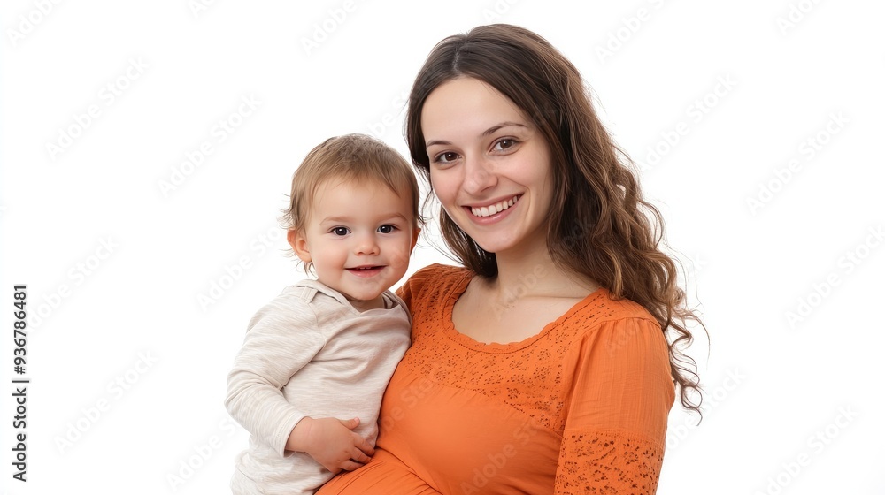 Happy pregnant woman with a child, both smiling, isolated on white background Happy pregnant woman with a child, both smiling, isolated on white background