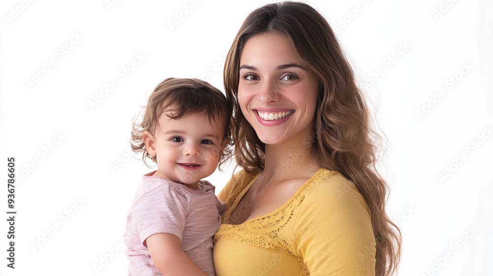 Happy pregnant woman with a child, both smiling, isolated on white background Happy pregnant woman with a child, both smiling, isolated on white background