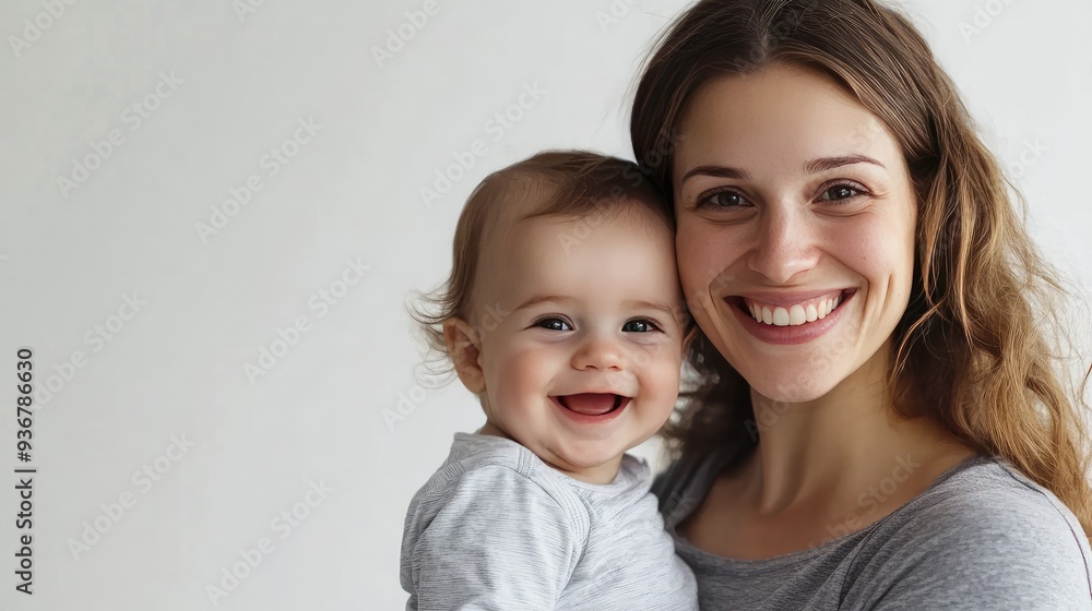 Happy pregnant woman with her child, both smiling brightly, white background Happy pregnant woman with her child, both smiling brightly, white background