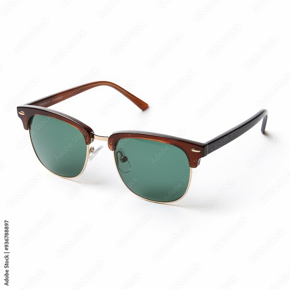 Stylish Retro Sunglasses with Brown Frames and Green Lenses on White Background Stylish Retro Sunglasses with Brown Frames and Green Lenses on White Background