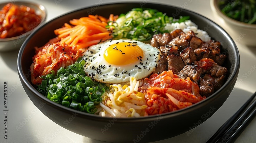 Korean bibimbap with vibrant toppings - generative ai Korean bibimbap with vibrant toppings - generative ai