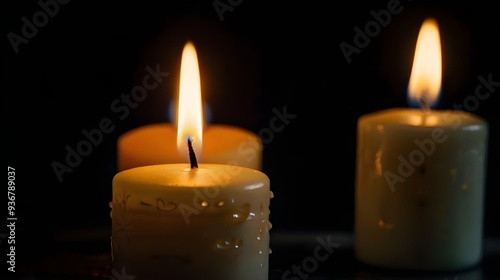 three burning candles on black