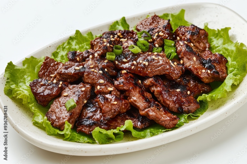 Bulgogi , Marinated and grilled beef, often served with lettuce wraps and ssamjang (a thick, spicy paste). Isolated on White Background Bulgogi , Marinated and grilled beef, often served with lettuce wraps and ssamjang (a thick, spicy paste). Isolated on White Background