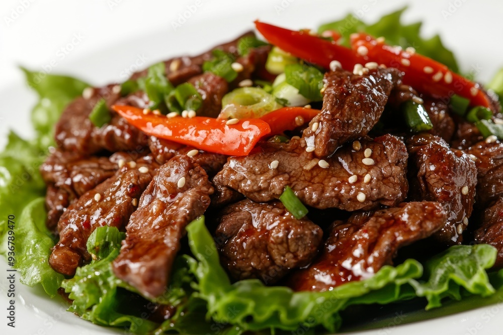 Bulgogi, Marinated and grilled beef, often served with lettuce wraps and ssamjang (a thick, spicy paste). isolated on white background Bulgogi, Marinated and grilled beef, often served with lettuce wraps and ssamjang (a thick, spicy paste). isolated on white background