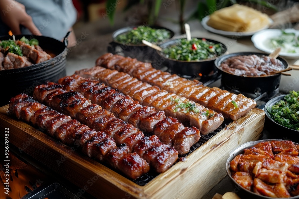 Char Siu, Cantonese-style barbecued pork, marinated in a mixture of honey, five-spice powder, fermented tofu, dark soy sauce, and hoisin sauce, then roasted. Char Siu, Cantonese-style barbecued pork, marinated in a mixture of honey, five-spice powder, fermented tofu, dark soy sauce, and hoisin sauce, then roasted.