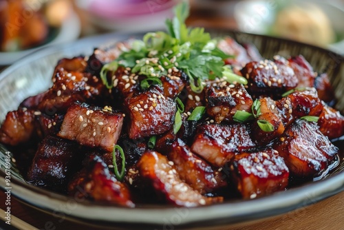 Char Siu, Cantonese-style barbecued pork, marinated in a mixture of honey, five-spice powder, fermented tofu, dark soy sauce, and hoisin sauce, then roasted.