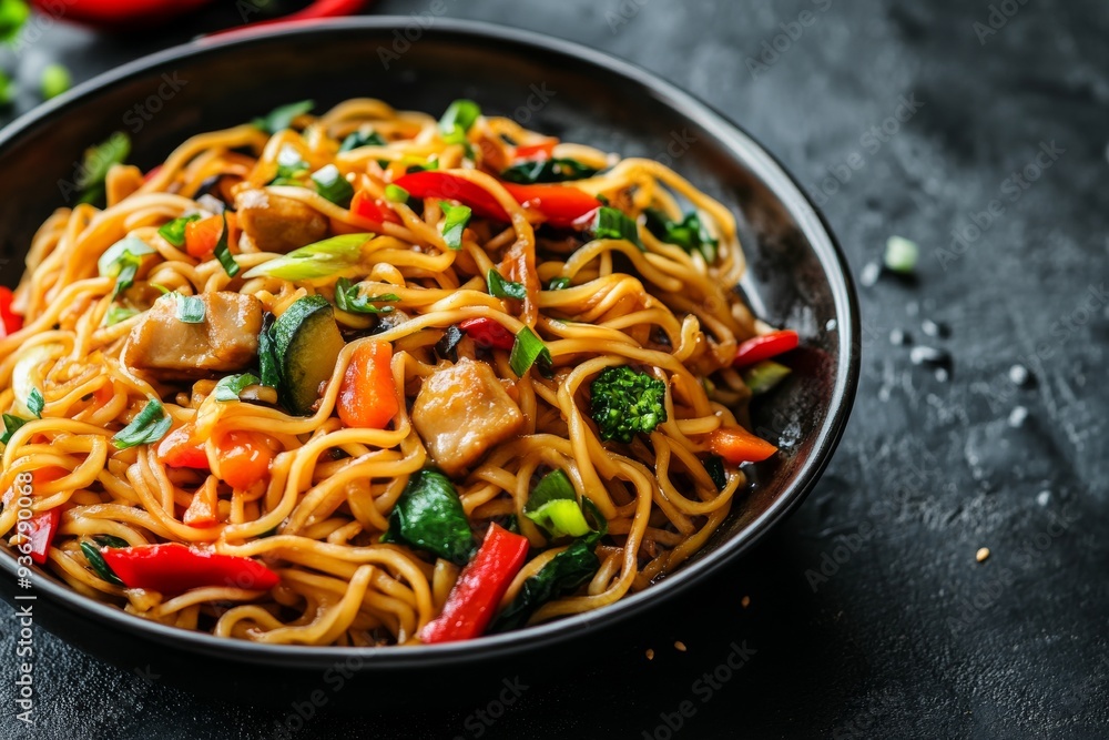 Chow mein, Stir-fried noodles with vegetables and often meat or tofu, seasoned with soy sauce and other flavors. Chow mein, Stir-fried noodles with vegetables and often meat or tofu, seasoned with soy sauce and other flavors.