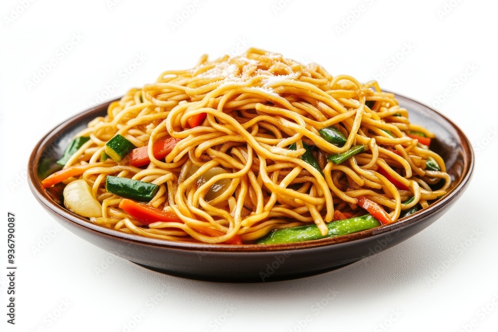Chow Mein, Stir-fried noodles with vegetables and often meat or tofu, seasoned with soy sauce and other flavors. Isolated on White Background
