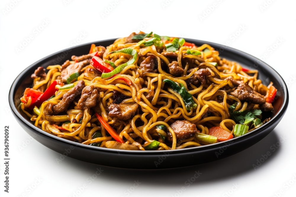 Chow Mein, Stir-fried noodles with vegetables and often meat or tofu, seasoned with soy sauce and other flavors. isolated on white background Chow Mein, Stir-fried noodles with vegetables and often meat or tofu, seasoned with soy sauce and other flavors. isolated on white background